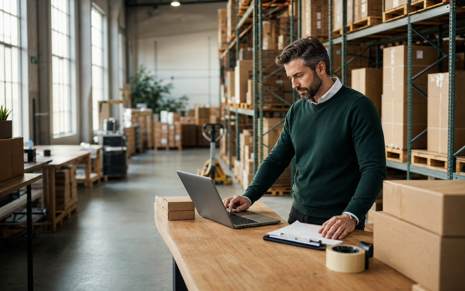 Wholesale operations professional reviewing inventory in an organised warehouse